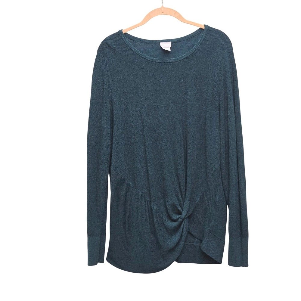 Chicos Sweater Womens XL Teal Green Long Sleeve Twist Front Knit Top Chic Cozy